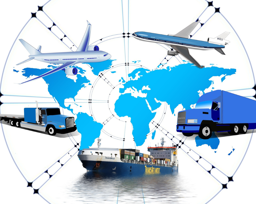 Blue world map with air, sea and truck transport systems showing fast delivery by Apeloa CDMO.