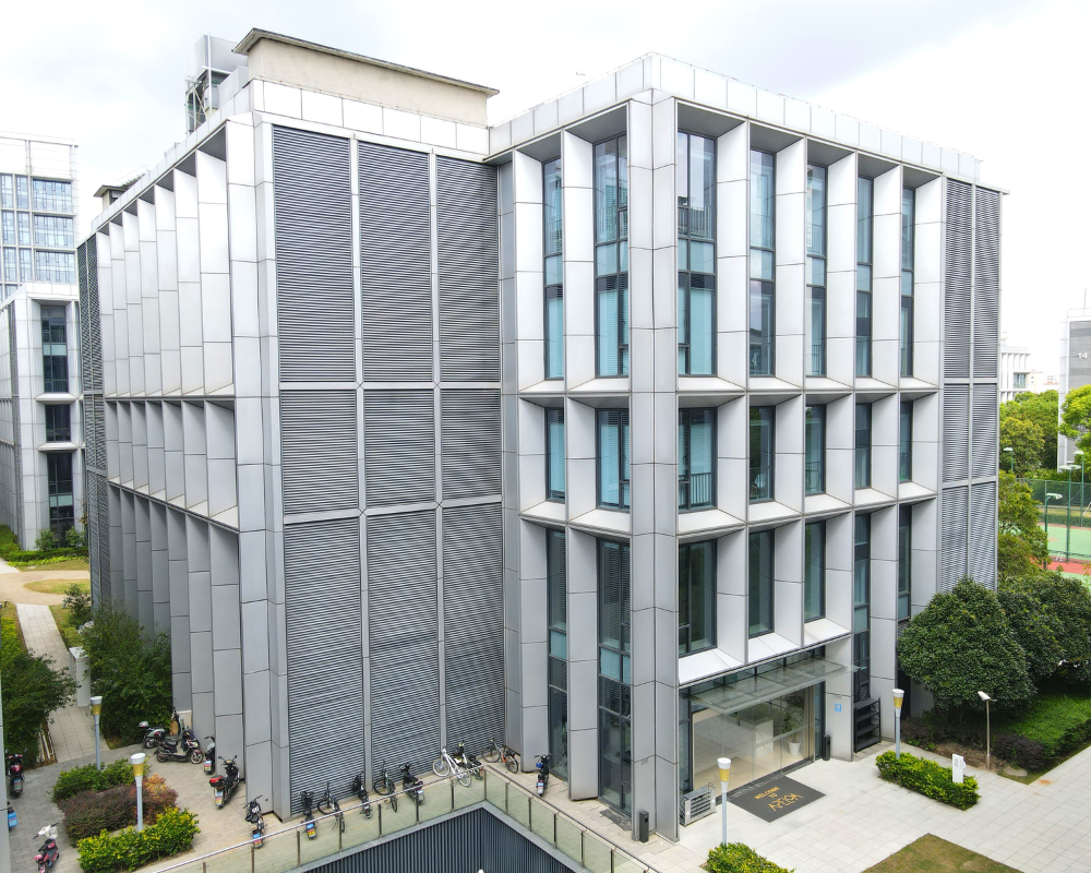 Five story modern R&D building located on pharmaceutical services campus in Pudong, Shanghai location China.